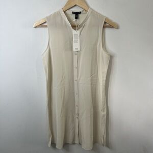 Eileen Fisher Silk Top Size XXS Women’s Bone Beige Button Up Tunic NWT 258